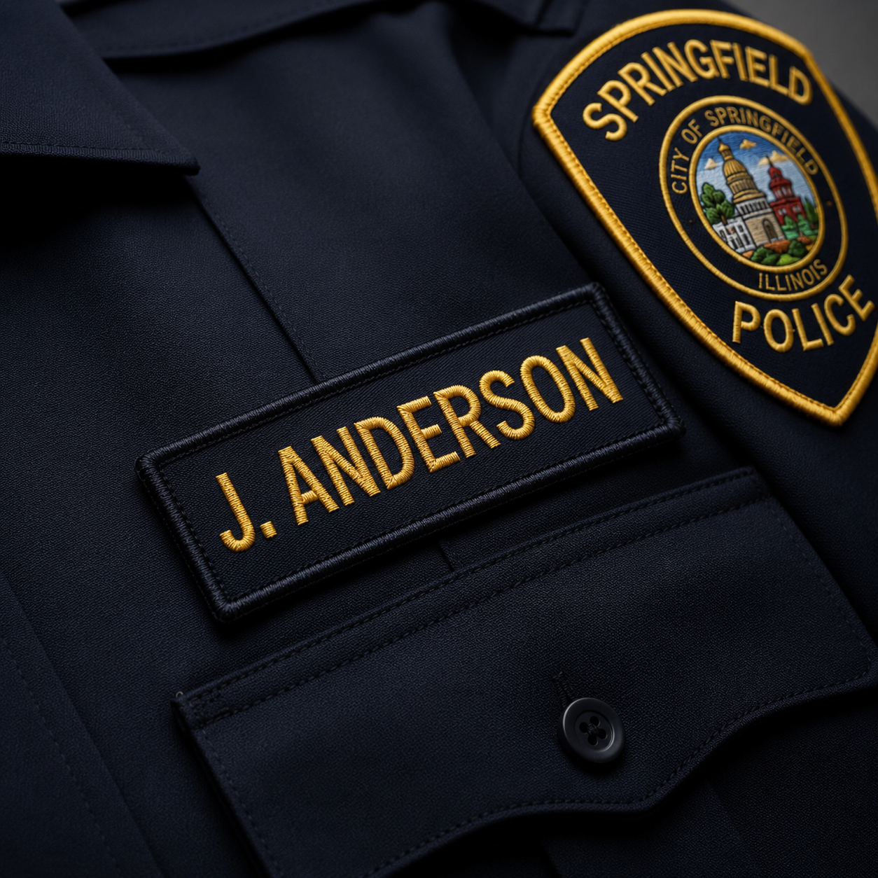 Close-up of embroidered J. Anderson nameplate beside Springfield Police shoulder patch